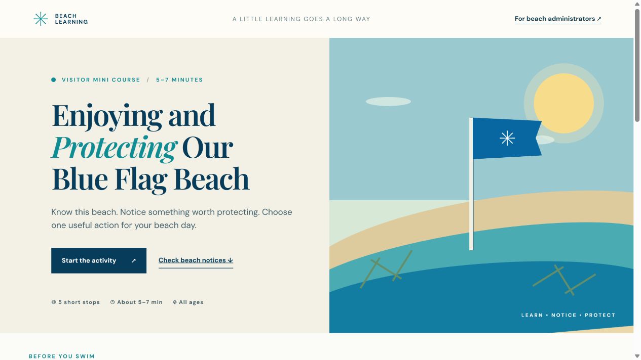 Blue Flag beach education website with its visitor activity and five learning stops